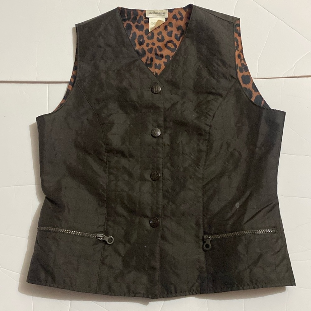 Vintage nylon Steilmann Germany dark brown vest with leopard print lining EUC